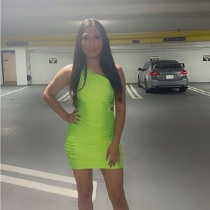 Fashion Nova Yellow One Shoulder Ruched Bodycon Dress